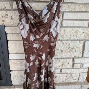 Women's Brown Floral Cowl Neck Midi Dress